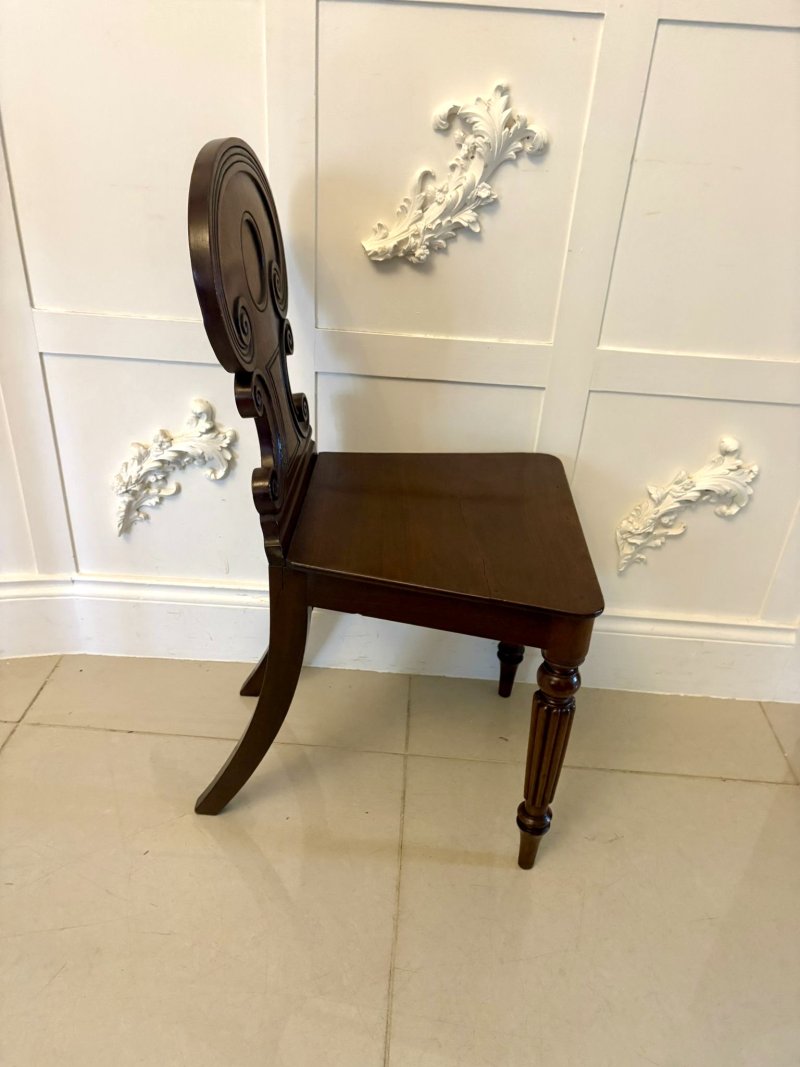 Pair of Antique Regency Quality Carved Figured Mahogany Hall Chairs - Image 5